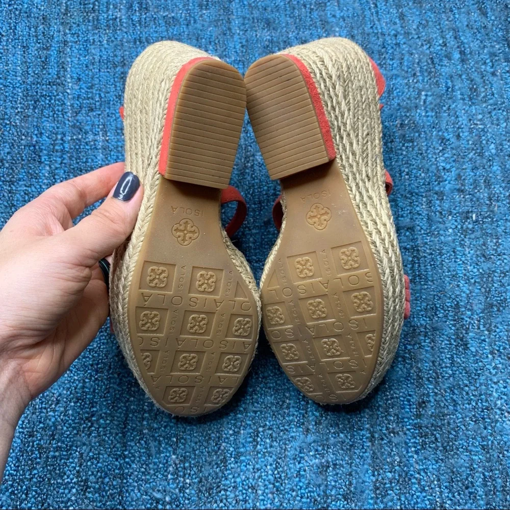 Isola Yalena Espadrille Wedge Sandals in Coral Suede Leather Women's Size 6